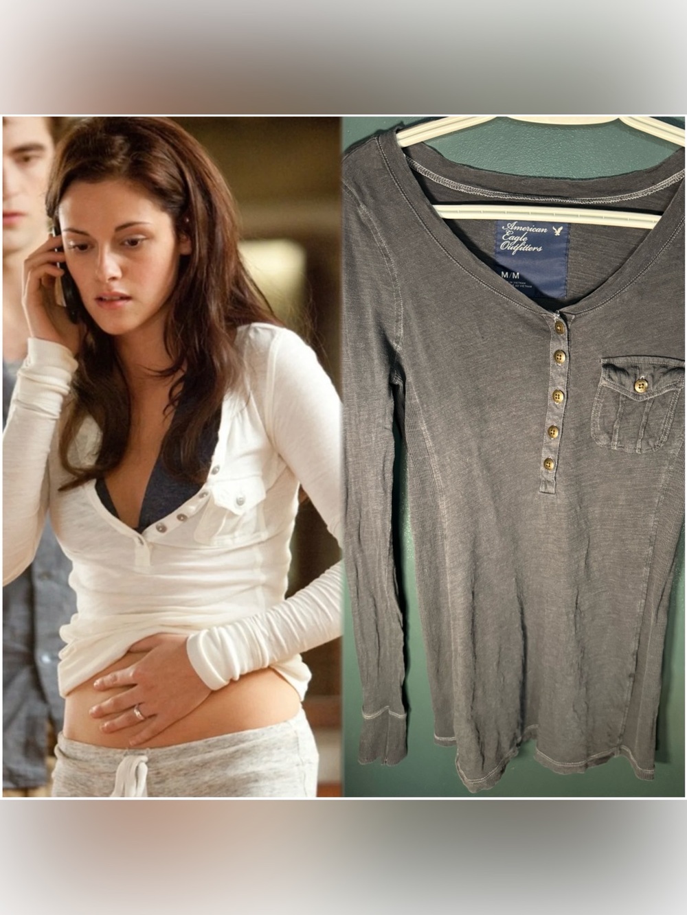 American Eagle • Military Pocket Long Sleeve Henley Gray M • ASO Bella Swan